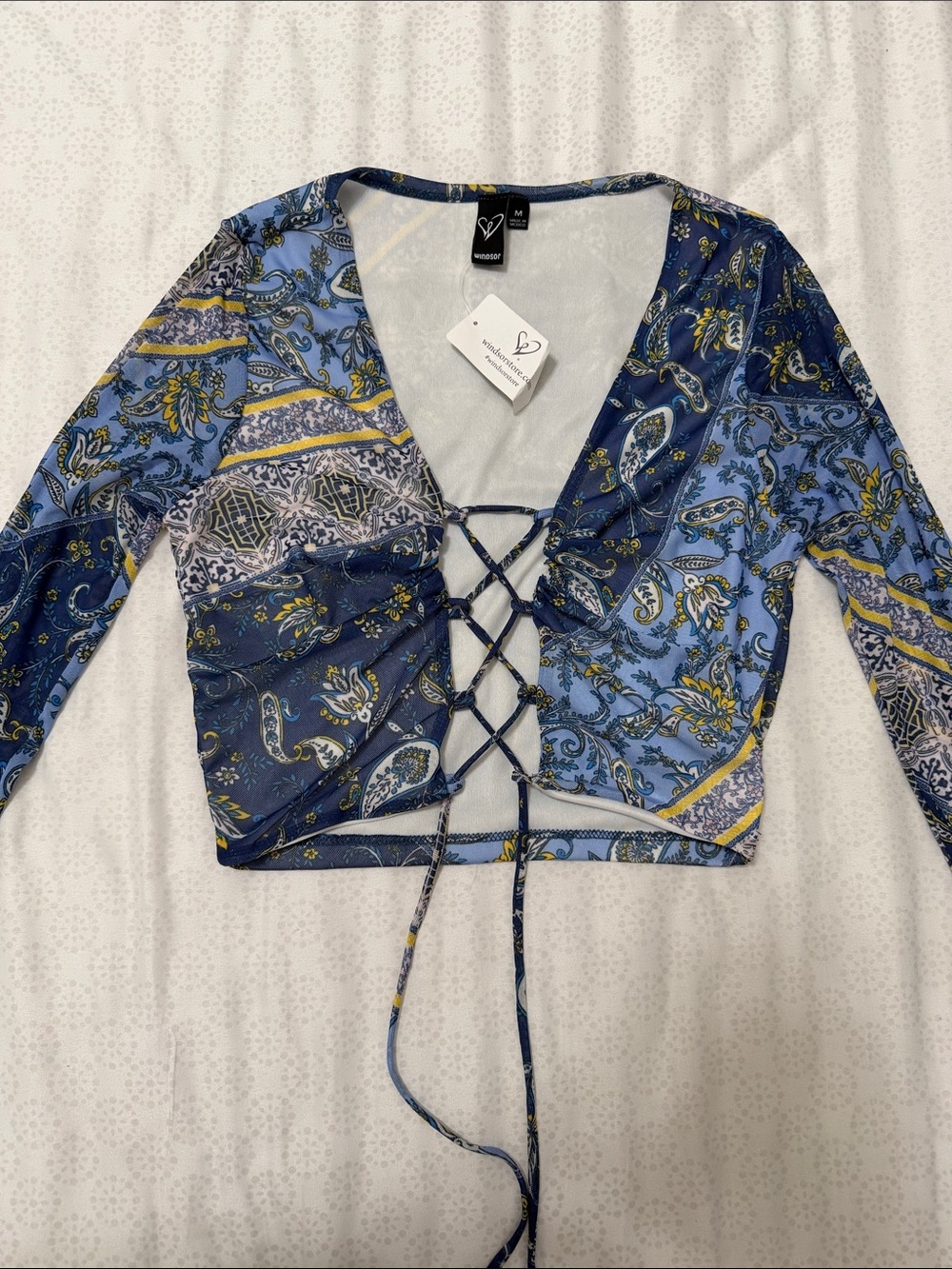 Windsor Blue Paisley Lace-Up Long Sleeve Crop Top with Yellow Accents